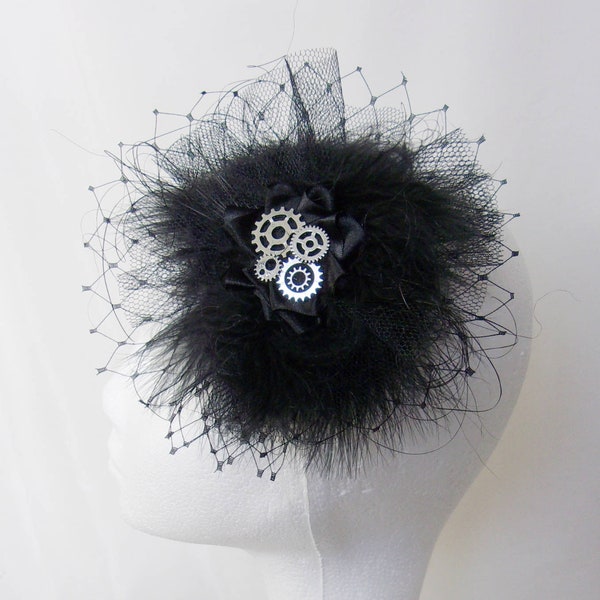 Black Steampunk Fascinator with Brass or Silver Cogs Fluff Feathers Veiling Hair Clip Headpiece - Gothic Victorian Wedding - Made to Order