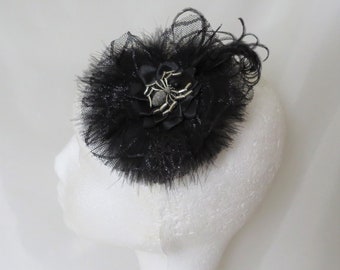 Black Spider Hair Clip with Feathers Cobweb Tulle Fascinator Bridal Brides Headpiece Goth Wedding Halloween - Made to Order