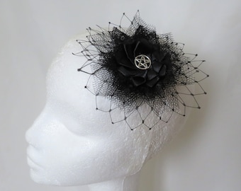 Black Lace Pentagram Hair Clip Gothic Halloween Wedding Headpiece Veiling Tulle Goth Witch Bride Bridal  - Made to Order