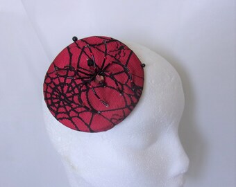 Bright Red & Black Crystal Spider Cobweb Cocktail Hat Fascinator Mini Headpiece - Gothic Halloween Wedding- Ready Made