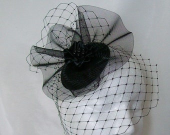 Black Vintage Fascinator Merry Widow Blusher Veil and Crinoline Bow Gothic Goth Victorian Percher Wedding Funeral Hat- Made to Order