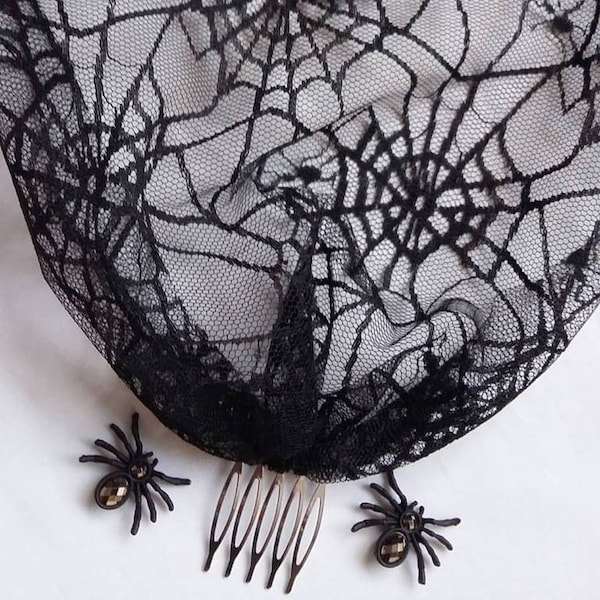 Black Cobweb Veil Tulle Mesh Birdcage Bandeau Wedding Bridal Brides Veil With Combs -Gothic Goth Halloween Black Widow Spider Made to Order