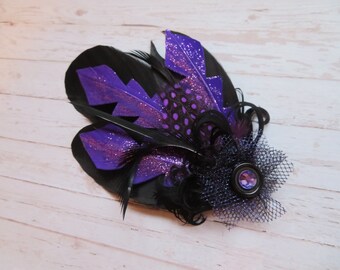 Black and Purple Glitter Small Feather Vintage Button Hair or Hat Clip - Wedding Party Gothic Fascinator Retro Headpiece - Ready Made