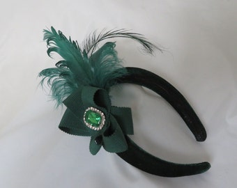 Bottle Green Feather Headband - Vintage Retro Halo Padded Velvet Band Crystal Emerald - Wedding Gothic Goth Bride - Ready Made