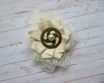 Cream Ribbon Ruffle and Lace Vintage Victorian Style Steampunk Brooch Corsage Buttonhole Wedding Cosplay Shabby Chic Gift -Ready Made