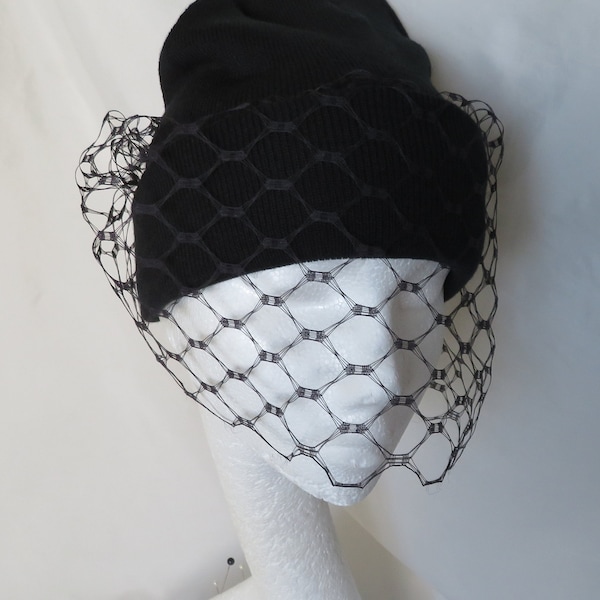 Black Beanie Hat Veil - Woollen Winter Hat with Vintage Waffle Weave Face Veil - Made to Order