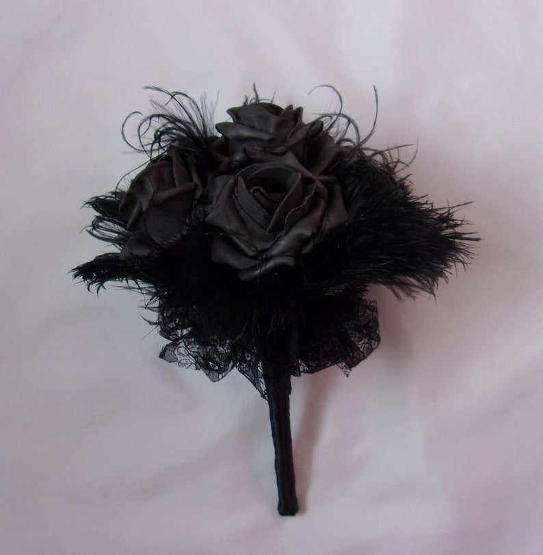 Black Rose Bouquet   Lace and Ostrich Feather Bridal Brides image 0