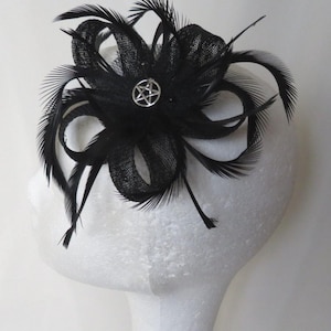 Black and Silver Pentagram Gothic Witch Sinamay Loop Feather Hair Clip Fascinator Headpiece Wedding Goth Halloween - Made to Order