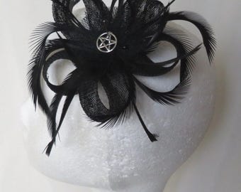 Black and Silver Pentagram Gothic Witch Sinamay Loop Feather Hair Clip Fascinator Headpiece Wedding Goth Halloween - Made to Order