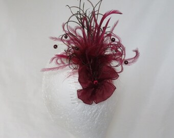 Burgundy Wine and Gold Feather Plume Pearl & Bow Regency Style Vintage Comb Fascinator Headpiece Wedding Burlesque Costume - Ready Made