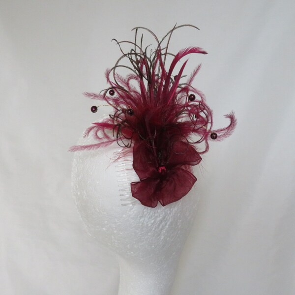 Burgundy Wine and Gold Feather Plume Pearl & Bow Regency Style Vintage Comb Fascinator Headpiece Wedding Burlesque Costume - Ready Made