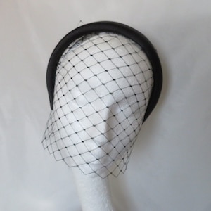 Black Satin Halo Headband and Veil SEPARATES Set Simple and Elegant Padded Hair Band Merry Widow - Wedding Funeral Goth Gothic