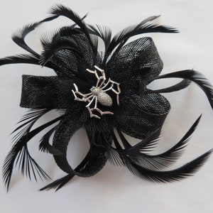 Black and Silver Spider Gothic Sinamay Loop Feather Hair Clip Fascinator Headpiece Wedding Goth Halloween - Made to Order