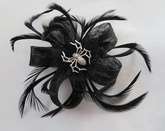 Black and Silver Spider Gothic Sinamay Loop Feather Hair Clip Fascinator Headpiece Wedding Goth Halloween - Made to Order