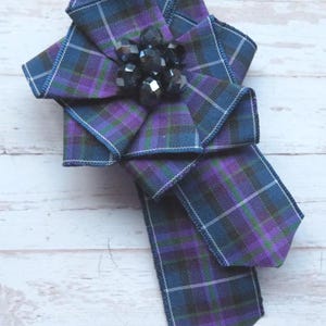 Pride of Scotland Tartan Ruffle Rosette Purple & Navy Crystal Mini Brooch Pin Scottish Highland Plaid Ribbon Gothic Wedding Gift- Ready Made