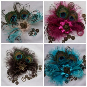 Steampunk Hair Clip - Small Unique Peacock Feather Fascinator Headpiece in Many Colours with Watch Cogs Wedding Cosplay Gift - Made to Order