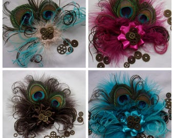 Steampunk Hair Clip - Small Unique Peacock Feather Fascinator Headpiece in Many Colours with Watch Cogs Wedding Cosplay Gift - Made to Order