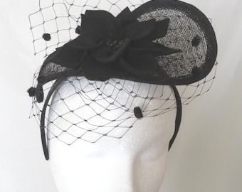 Elegant Black Sinamay Teardrop Fascinator Headpiece for a Gothic Wedding with Vintage Felt Flower - Handmade - Ready to Wear