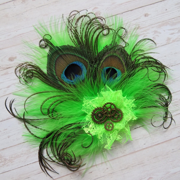 Lime Green Steampunk Hair Clip Curled Peacock Feather with Brass Cogs & Gears Fascinator Wedding Cosplay Hat  - Made to Order