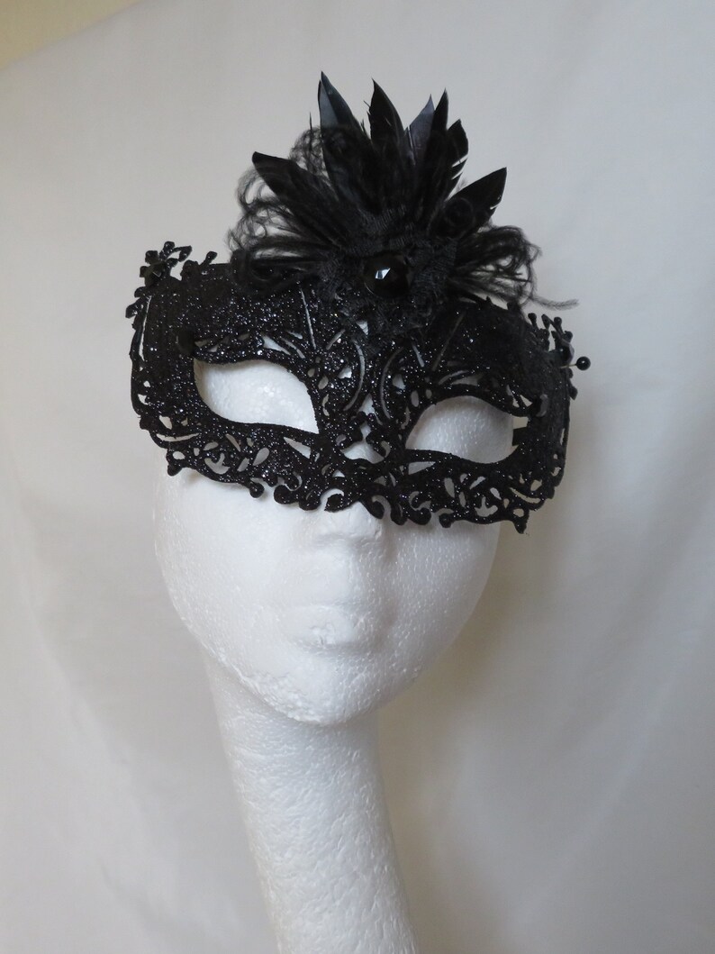 Black Glitter Mask Crystal Studded Masquerade Masks Feather Etsy