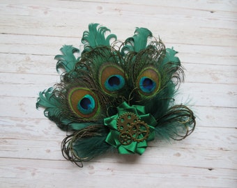 Bottle Green Peacock Feather and Pearl Steampunk Rustic Mini Hair Clip Fascinator Headpiece Gift Racing Hunter Wedding - Made to Order