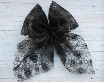 Black Lace French Hair Bow - Goth Gothic Vintage Victorian Accessories Bows Clip in Bows - Ready Made