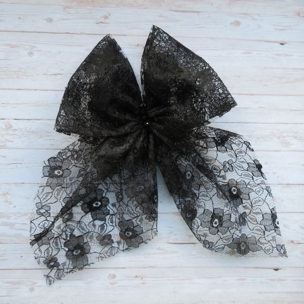 Black Lace French Hair Bow - Goth Gothic Vintage Victorian Accessories Bows Clip in Bows - Ready Made