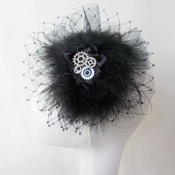 Black Steampunk Fascinator with Feathers Veiling Hair Clip Headpiece with Silver Watch Gear Cogs Steamgoth Victorian Wedding - Made to Order