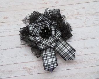 Black & White Menzies Tartan Lace Shabby Chic Brooch Crystal Corsage Bridal Pin Highlands Scottish Wedding Goth Gothic - Ready Made