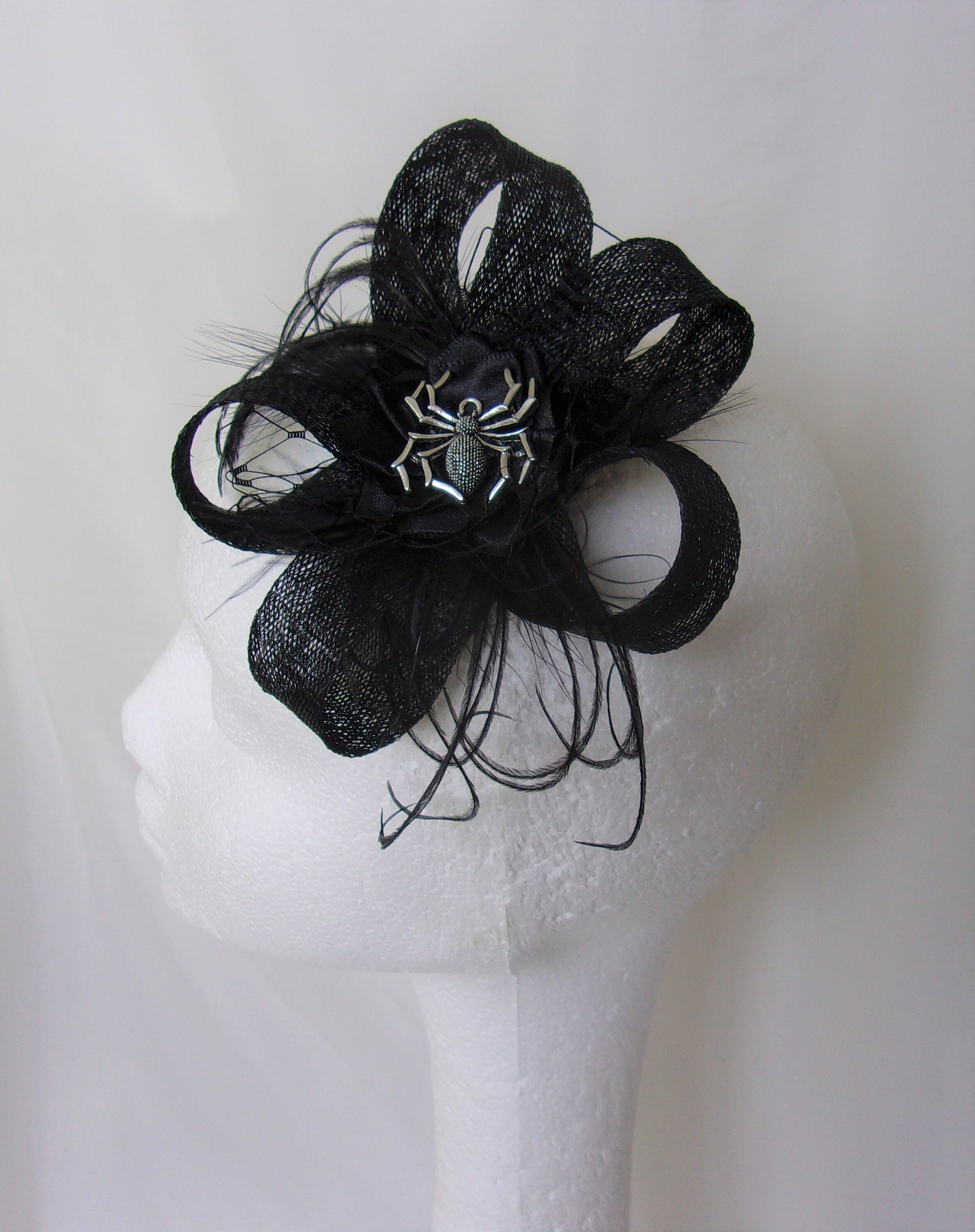 Black Spider Clip - Sinamay Loop Feather Gothic Spooky Halloween Wedding Mini Fascinator Hair Clip  - Made to Order