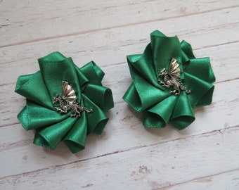 Emerald Green Dragon Shoe Clips Gothic Charm Satin Ruffle Shoeclips Silver Fantasy Wedding Gifts More Colours Available - Made to Order