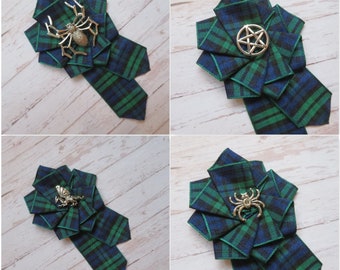 Tartan Ruffle Rosette Mini Brooch Pin Scottish Highland Clan Plaid Ribbon Gothic Goth Spider Halloween Wedding Corsage Gift- Made to Order