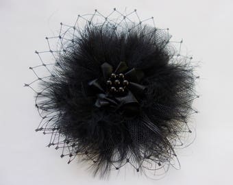 Black Gothic Fascinator Fluff Feathers Pearls Crystals and Veiling Hair Clip Band Headpiece - Goth Bridal Victorian Wedding Made to Order
