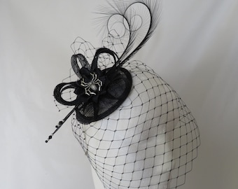 Black Gothic Fascinator with Blusher Veil Curl Feathers Sinamay & Silver Spider Halloween Wedding Mini Hat - Made to Order