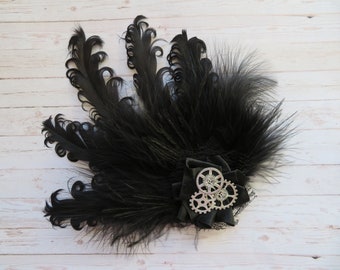 Black Steampunk Feather Fascinator Headpiece with Silver Cogs Gears Hair Clip - Wedding Costume Cosplay -  Made to Order