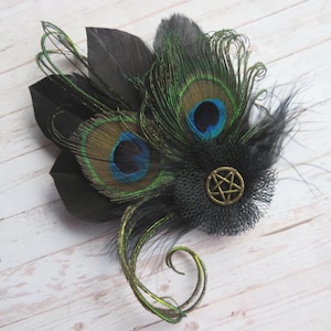 Black & Bronze Gold Small Feather Vintage Witch Pentagram Hair or Hat Clip - Wedding Party Fascinator  Gothic Headpiece - Ready Made