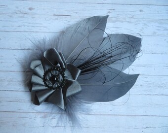 Dark Grey Handmade Rustic Steampunk Feather Satin Ruffle and Cog Hat or Hair Clip Fascinator Headpiece Wedding