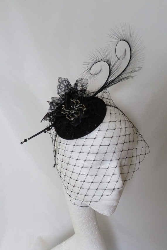 Black Fascinator with Black Veil and Feathers Zinniday Small Tea Party Hat - Black Veil Elegant Kentucky  main image 2