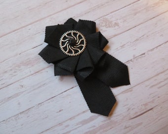 Black Ribbon Ruffle Rosette Mini Brooch Pin Gothic Goth Steampunk Silver Cog Wedding Buttonhole Gift- Ready Made