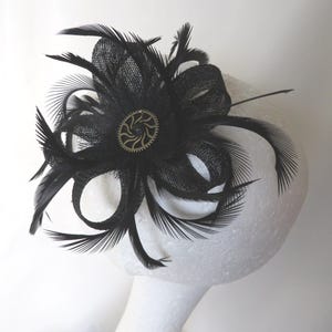 Black Steampunk Sinamay Loop Feather Hair Clip Fascinator Headpiece Wedding Goth Gothic Cogs - Made to Order