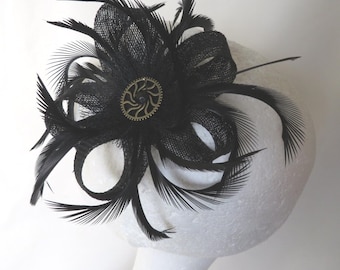 Black Steampunk Sinamay Loop Feather Hair Clip Fascinator Headpiece Wedding Goth Gothic Cogs - Made to Order