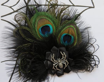 Black Peacock Feather and Silver Spider Gothic Hair Clip Accessory Fascinator Wedding Halloween Spooky Goth - Made to Order