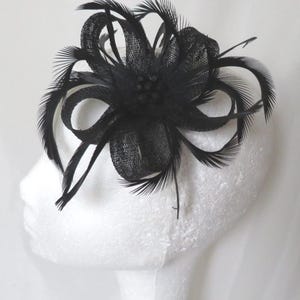 Black Gothic Sinamay Loop Feather and Crystal Hair Clip Fascinator Headpiece Wedding Races Goth - Made to Order