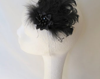 Small Black Vintage Feather & Crystal Flower Hair Clip Fascinator Headpiece Funeral Wedding Gothic Goth - Made to Order