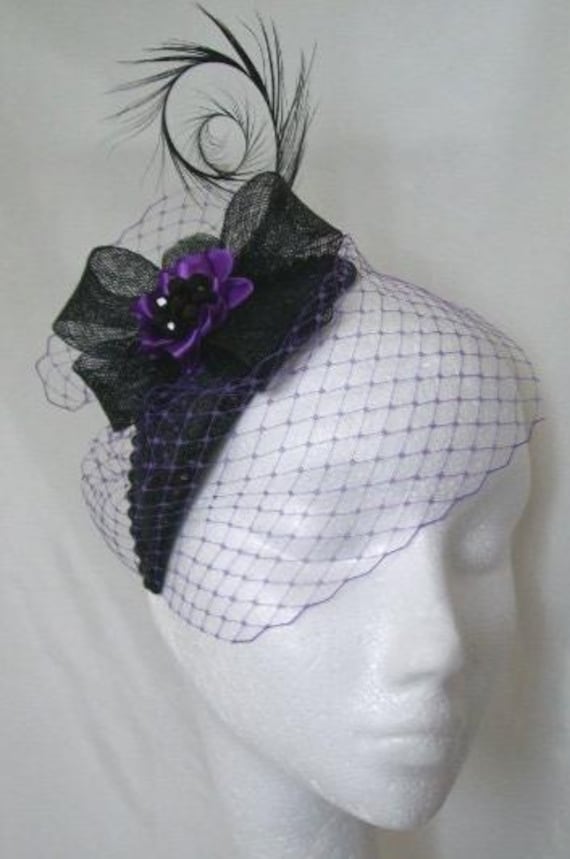 Purple and Black Teardrop Fascinator: Gothic Veiled Vamp Romantic Mini Headpiece Hat - Handmade to Order