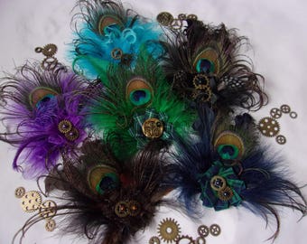 Steampunk Feather Brooch - Peacock Feather with Cogs Many Colours Wedding Cosplay Buttonhole Corsage Bouttoniere - Handmade to Order