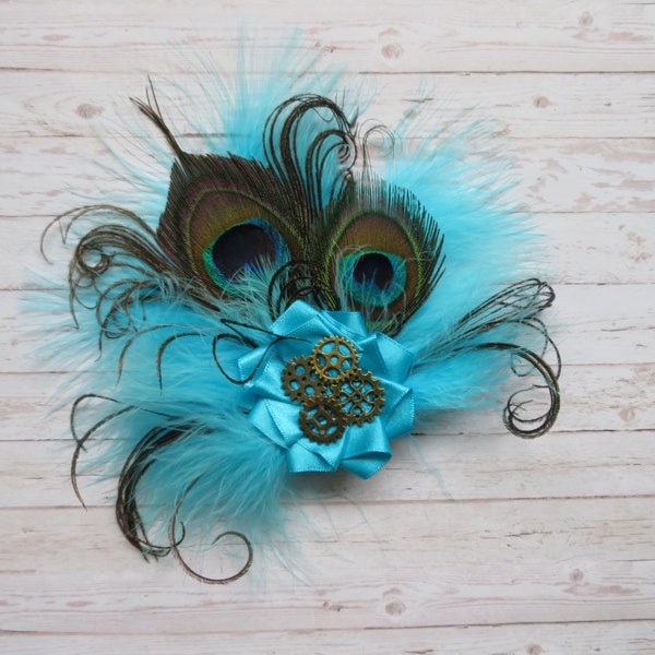 Turquoise Steampunk Fascinator Lagoon Aqua Blue Peacock Feather & Brass Cogs Mini Headpiece Wedding Cosplay Hair Hat Clip- Made to Order