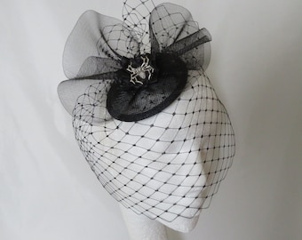 Black Vintage Fascinator Merry Widow Blusher Veil and Crinoline Bow Spider Spooky Halloween Gothic Goth Victorian Wedding Hat- Made to Order