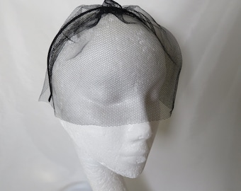 Black Short Sheer Tulle Mesh Net Veil on a Satin Headband Band- Wedding Funeral Gothic Goth Bridal Brides  - Made to Order