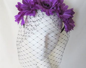 Ultraviolet Purple Daisy & Black Veil Flower Crown Bride Retro Headband Gothic Goth Halloween Wedding - Ready Made